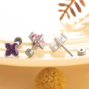 Orecchini a perno con zircone a giglio da 6mm con vite a doppia testa viola, rosa e chiaro