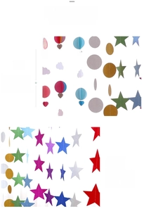 Macro detail of multi-colored paper garlands with star and hot air balloon hanging shapes