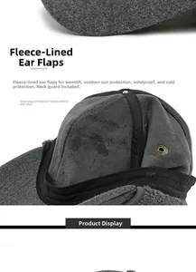 Detail of dark grey winter baseball cap showing thick fleece lining and ear protection