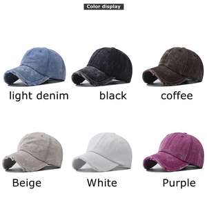 Classic washed denim baseball caps shown in six colors including blue, black and beige