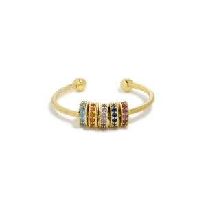 Detail of s925 silver spinning beads ring with five colorful zircons on gold band