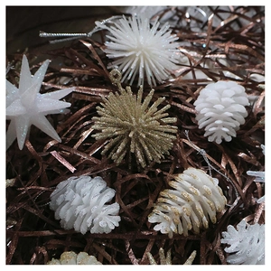 Detailed set of champagne glitter star, pinecone, and bauble Christmas ornaments