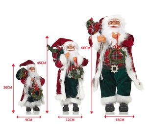 Three Santa Claus dolls in 30cm, 45cm and 60cm sizes showing height and width details