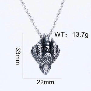 Macro detail of gothic stainless steel dragon pendant showing 33mm height and 22mm width