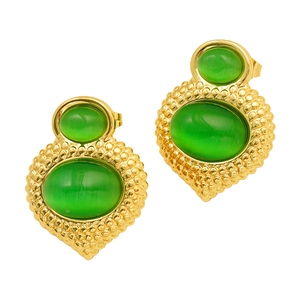 Retro gold stainless steel earrings with oval green opal gemstones on white background
