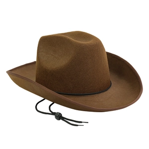 Detail eines braunen Western-Filzhutes mit schwarzer Verzierung und verstellbarem Kinnriemen
