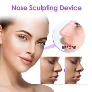 Professional nose sculpting device showing before and after results on a female model