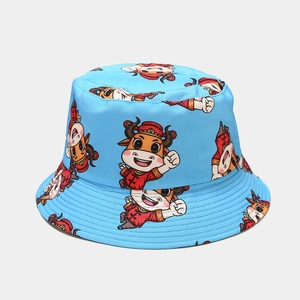 Close-up of light blue bucket hat featuring all-over Chinese zodiac ox patterns