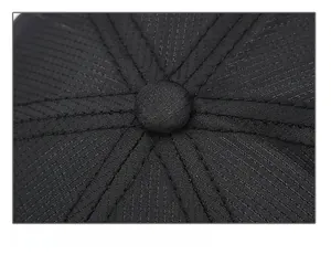 Close-up of the reinforced crown stitching and top button on a black baseball cap