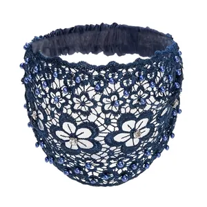 Navy blue lace wide headband with floral embroidery, crystal beads and elastic band
