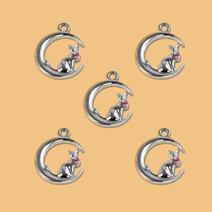 Lot de cinq breloques lune et chat argentées avec strass rose pour bijoux DIY