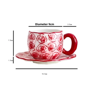 Detailed dimensions of ceramic coffee cup and saucer set with red rose pattern and heart handle