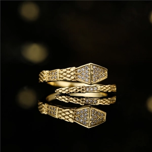Vintage Snake Shape Open Ring 18K Gold Plated Copper Micro Pave Zircon Bamboo Design Adjustable Finger Jewelry For Women