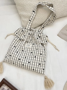 Sweet plaid tote bag with heart patterns, drawstring ruffle edge and corner tassels