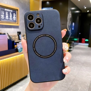 Blue magnetic nubuck leather case for iPhone 14 with circular magnetic ring design