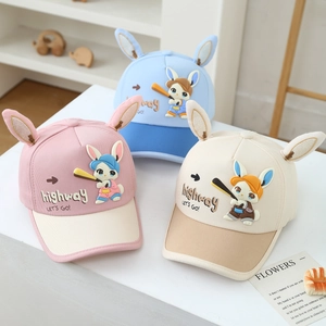 Three cute kids baseball caps with bunny ears and highway embroidery in soft colors
