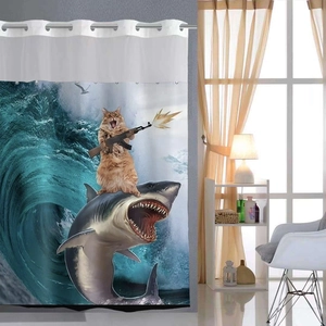 Detail of funny shower curtain with orange cat riding a shark and holding a rifle