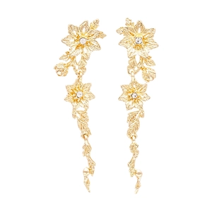 Exquisite gold floral drop earrings with sparkling rhinestones and ruffled metal petals