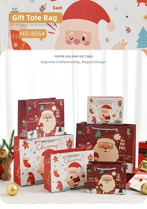 Three sizes of Christmas gift bags featuring Santa and Snowman in a cozy home setting