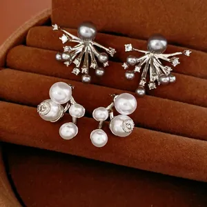 Firework Starburst Artificial Pearl Stud Earrings With Zircon Copper And Silver Earring Post Elegant Retro Style Women
