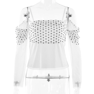 Sexy off-shoulder white polka dot long sleeve T-shirt for women with mesh splicing detail