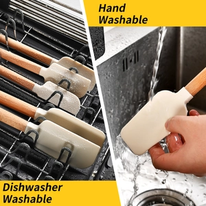 5-piece silicone spatula set with wooden handles showing hand and dishwasher safe features