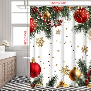 Detail showing Christmas shower curtain with holiday patterns and 180x180cm dimensions