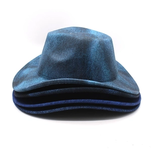 Western cowboy felt hats with blue marble texture and wide brim in stacked arrangement