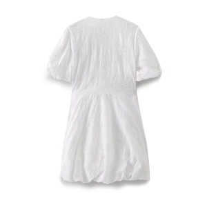 White mini dress with short sleeves and textured floral embroidery in a 2024 summer style