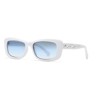 White square frame sunglasses with light blue gradient lenses and rhinestone temples