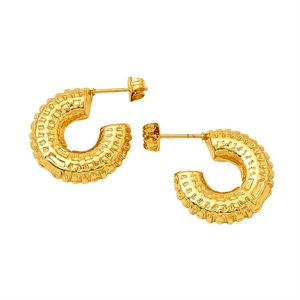 Golden C-shaped stainless steel hoop earrings featuring vintage textured tire patterns