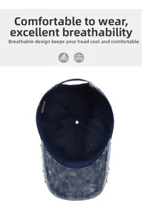 Detail of blue washed cotton baseball cap showing internal structure and 100% cotton label