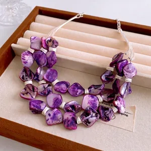 Bohemian double-layer necklace with purple geometric shells and silver wire wrap
