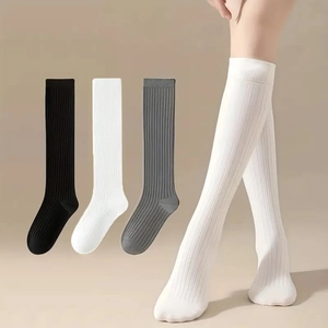 Detailed close-up of ribbed texture and high-quality knit on three over-the-knee socks