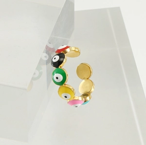Detail of 18K gold stainless steel open ring with colorful evil eye enamel charms