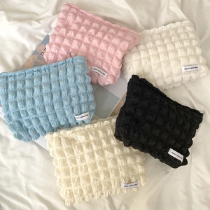 Bubble Fabric Cosmetic Bag Pleated Makeup Organizer Travel Toiletry Pouch Portable Zippered Handbag For Women