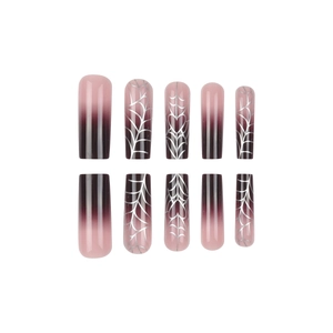 Halloween gradient purple press-on nails with silver spider web and heart patterns