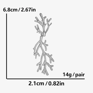 Detailed size and weight specs for silver stainless steel branch earrings (6.8x2.1cm)