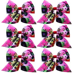 Set of 6 Halloween hair bows in pink with cartoon vampire, witch, and ghost patterns