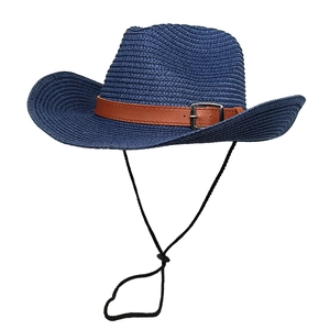 Detail of navy straw cowboy hat with brown leather band and adjustable chin strap