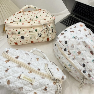 Detailed view of quilted cartoon bear cosmetic bags with zipper closure and Serafina label