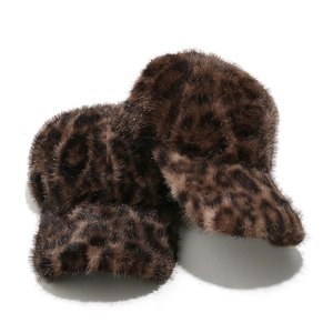 Thick faux mink fur leopard print baseball cap and earflap hat for winter warmth