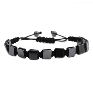 Adjustable black braided rope bracelet with square hematite beads for men and women