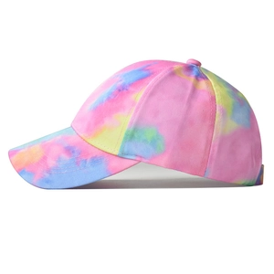 Side view of vibrant tie-dye cotton baseball cap with pink, blue and yellow swirls