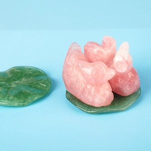Natural rose quartz mandarin duck set with green aventurine lotus leaf bases