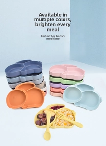 Detail view of rabbit-shaped silicone divided baby plates with matching spoon and fork set