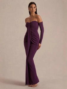 Elegant purple off-shoulder evening dress with ruched details and long draped streamers