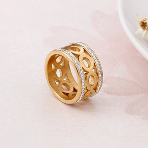 Chic gold-tone hollow circle ring with double-row zircon crystals in a luxurious wide band