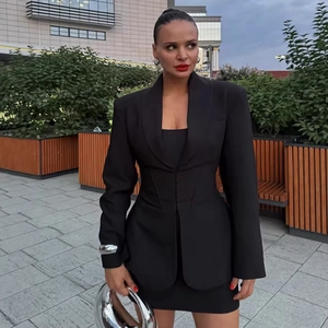 Women's professional black slim-fit blazer and mini skirt suit set outdoor city view