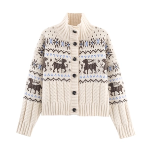 Cardigan Tricoté De Noël Renne Pour Femmes Nordic Fair Isle Boutonné Col Montant Rétro Veste Pull D'Hiver Chaude